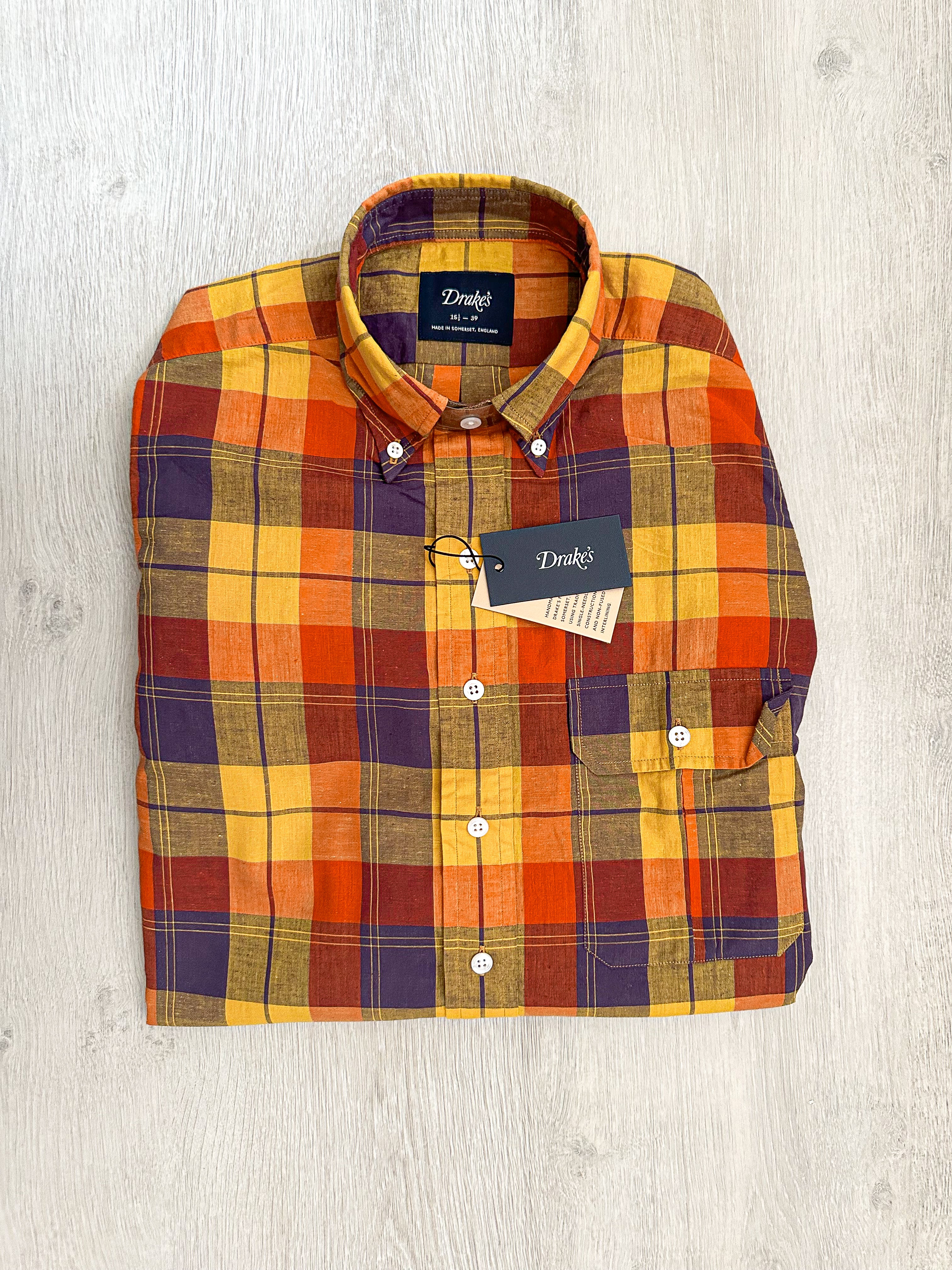 Drake's Check Red Yellow Cotton Linen Long Sleeve Collared Shirt - House Of Huntington