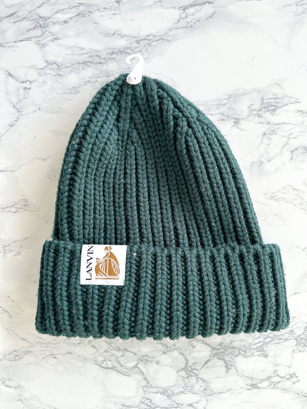 Lanvin Green Logo Tab Ribbed Knit Wool Beanie Hat