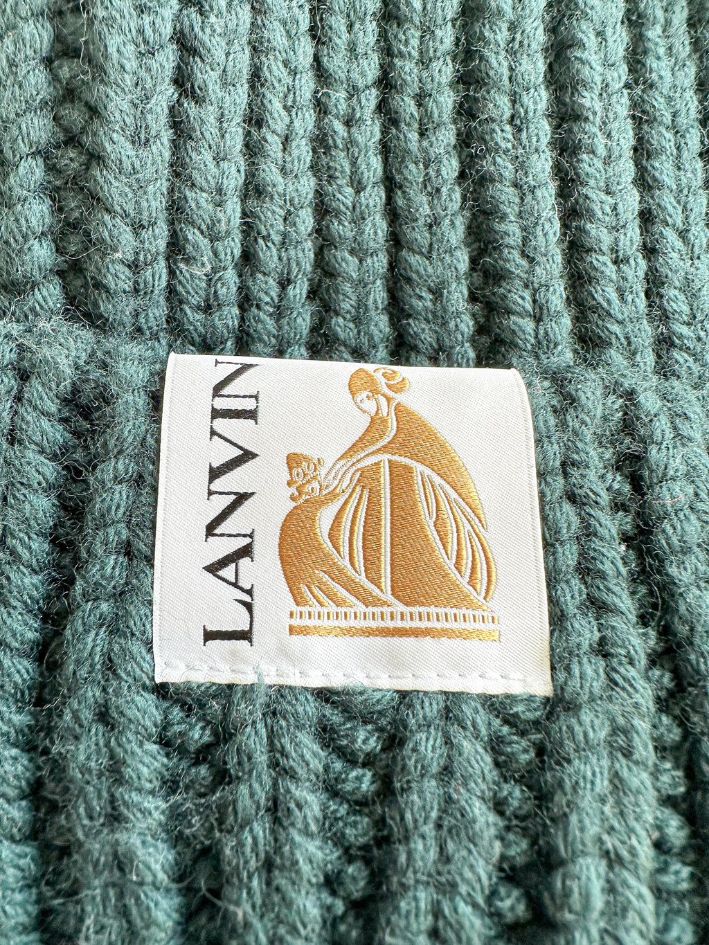 Lanvin Green Logo Tab Ribbed Knit Wool Beanie Hat