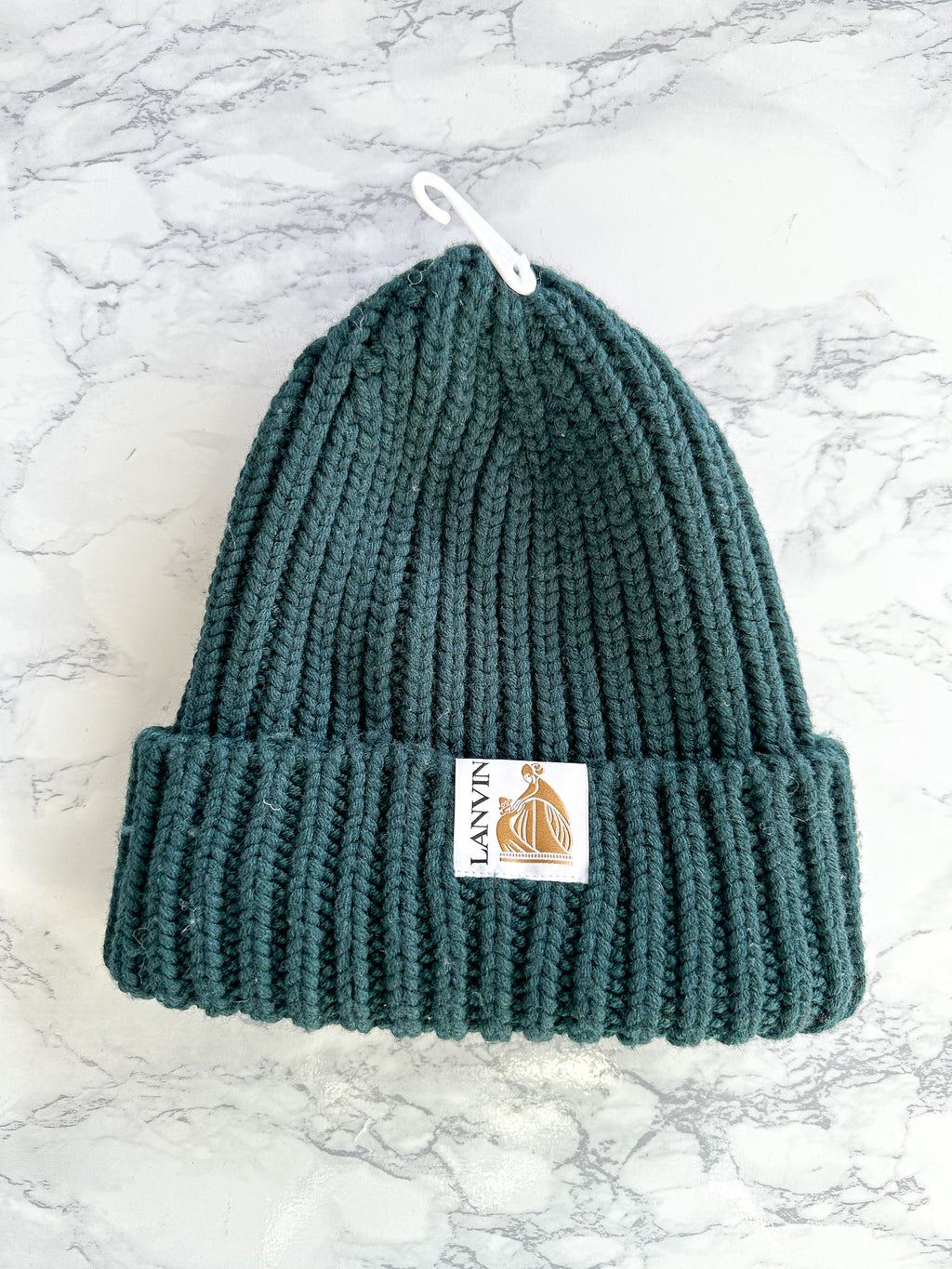 Lanvin Green Logo Tab Ribbed Knit Wool Beanie Hat