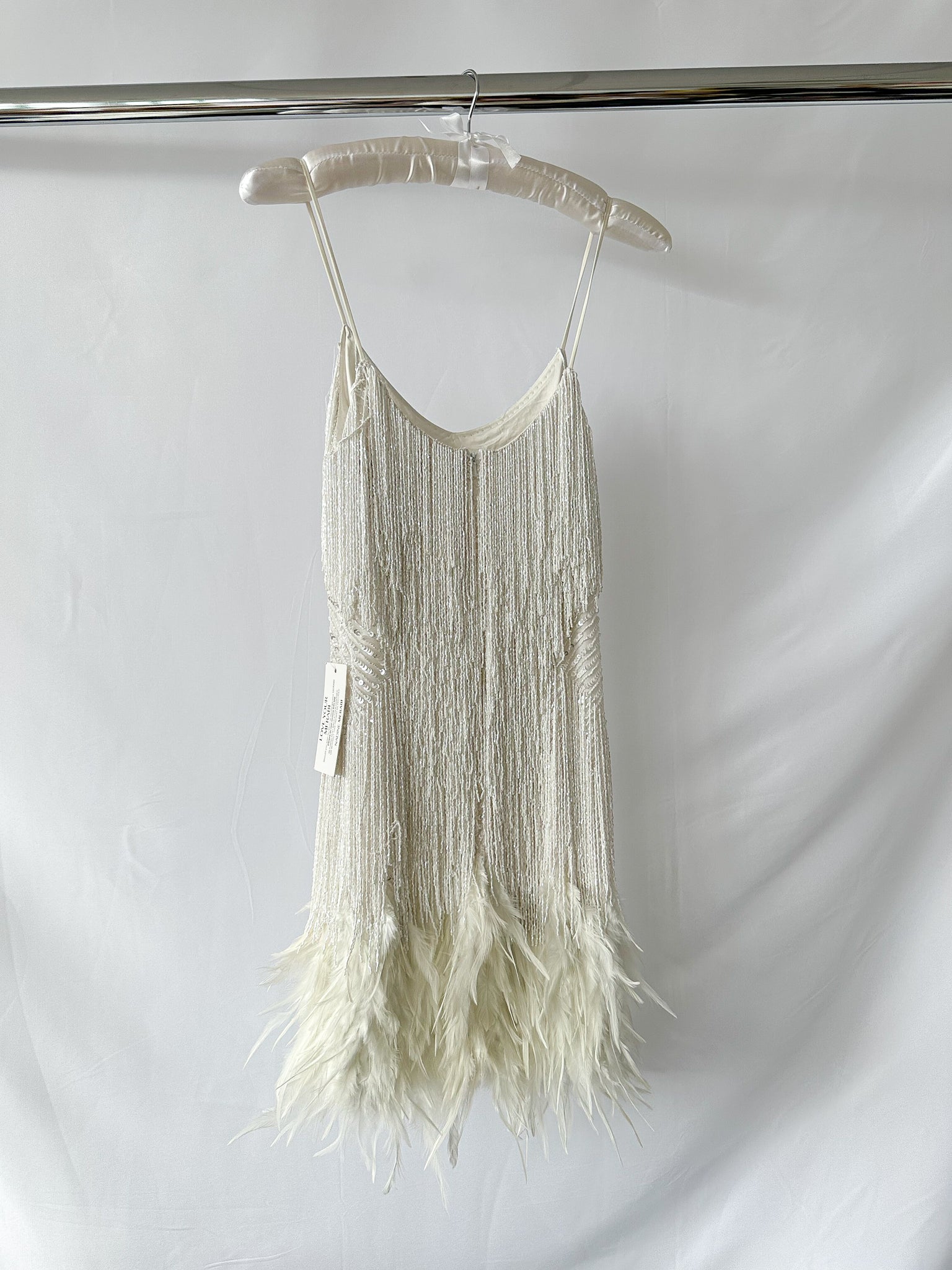 Nadine Merabi Lottie White Beaded Flapper Feather Hem Dress