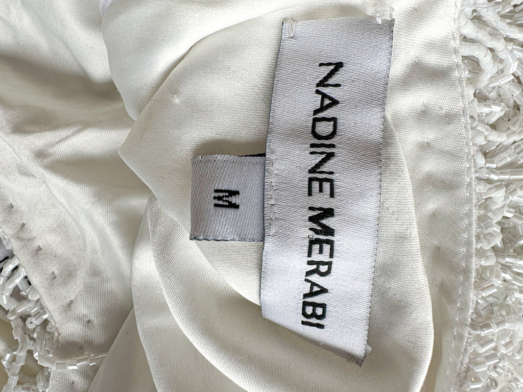 Nadine Merabi Lottie White Beaded Flapper Feather Hem Dress
