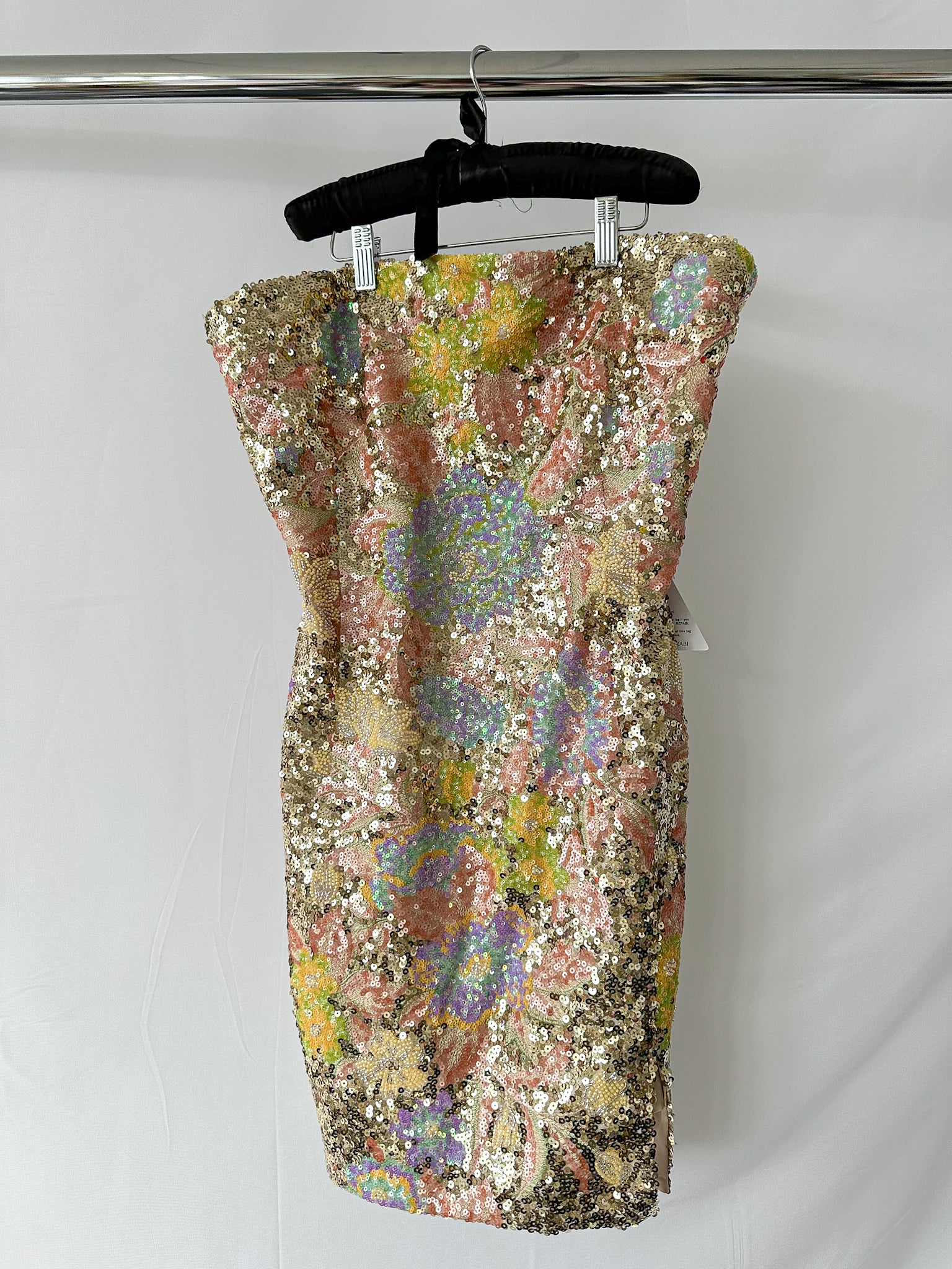 nadine merabi gold dress Nadine Merabi Leila Full Sequinned Embroidered Strapless Mini Dress – House Of Huntington
