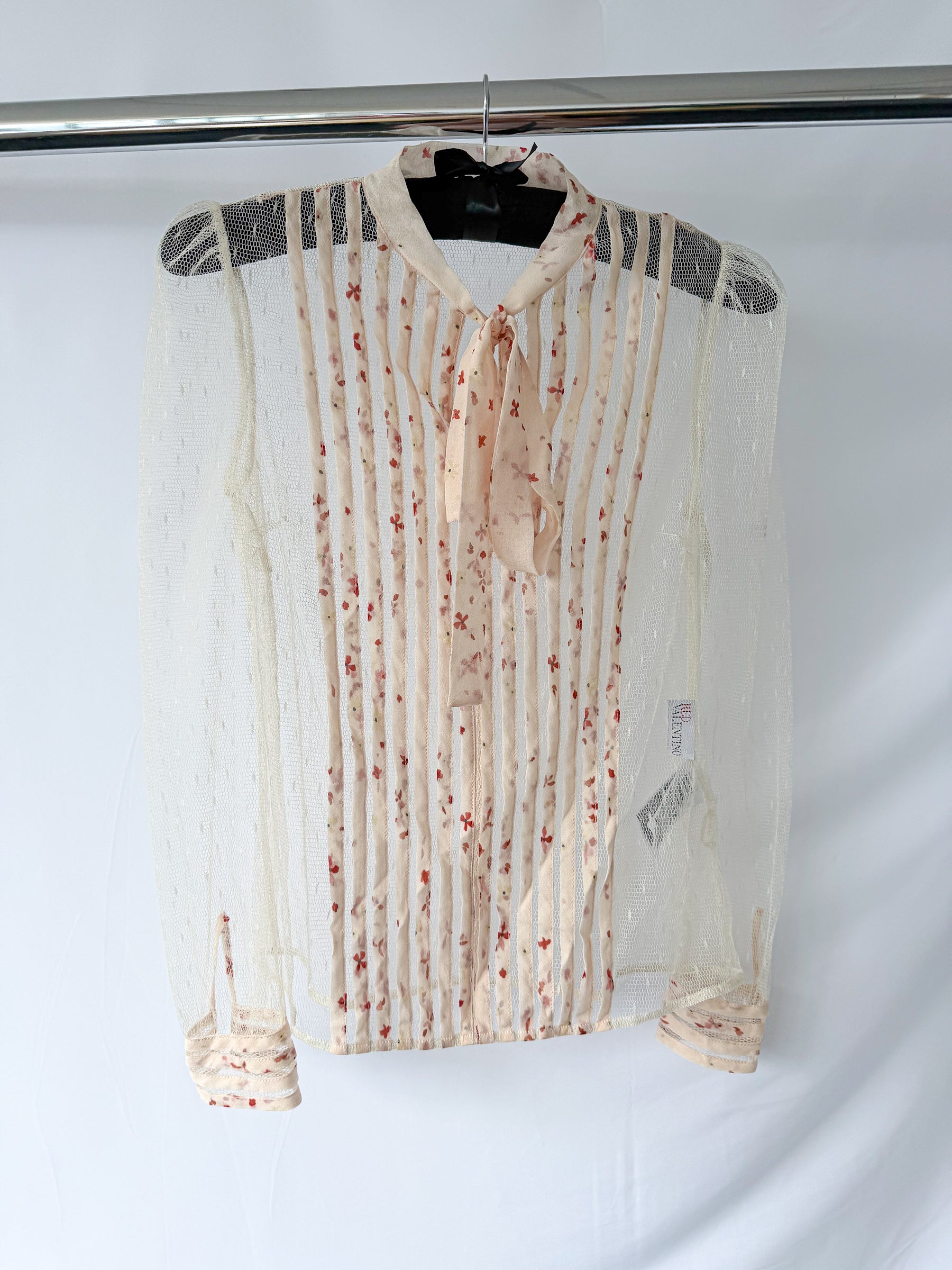 Red Valentino Bow Tie Sheer Floral Detail Blouse