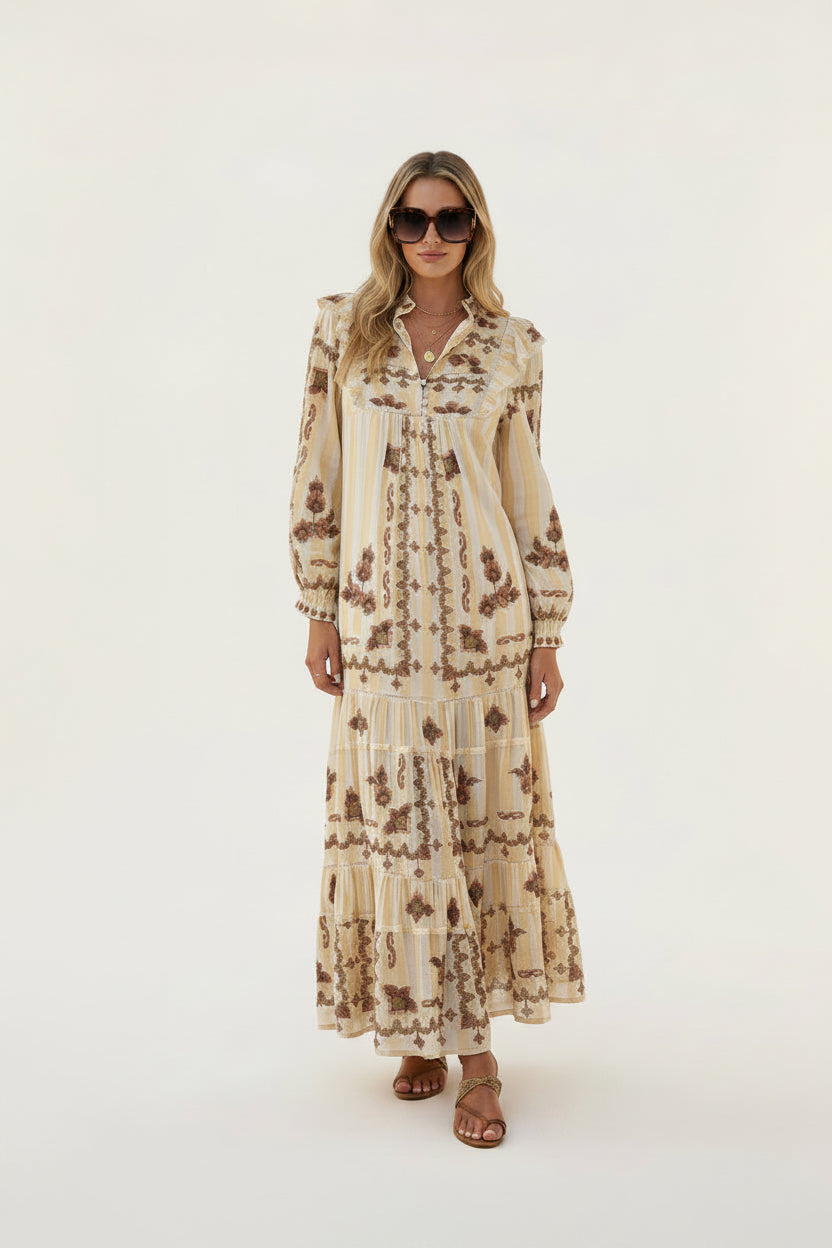 Farm Rio Jacquard Embroidered Ikat Long Sleeve Midi Dress