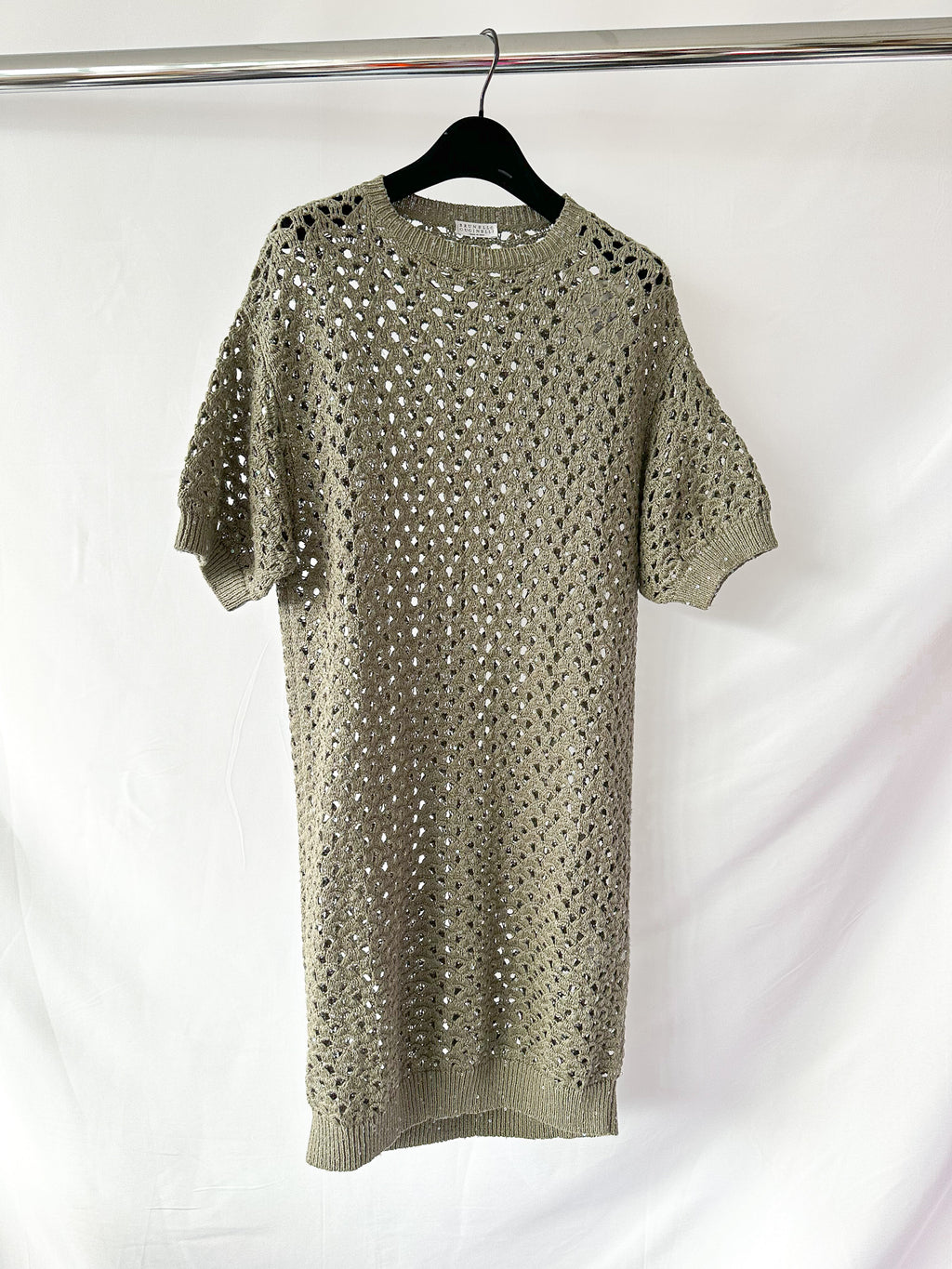 Brunello Cucinelli Green Crochet Open Knit Cotton Linen Silk Blend Dress