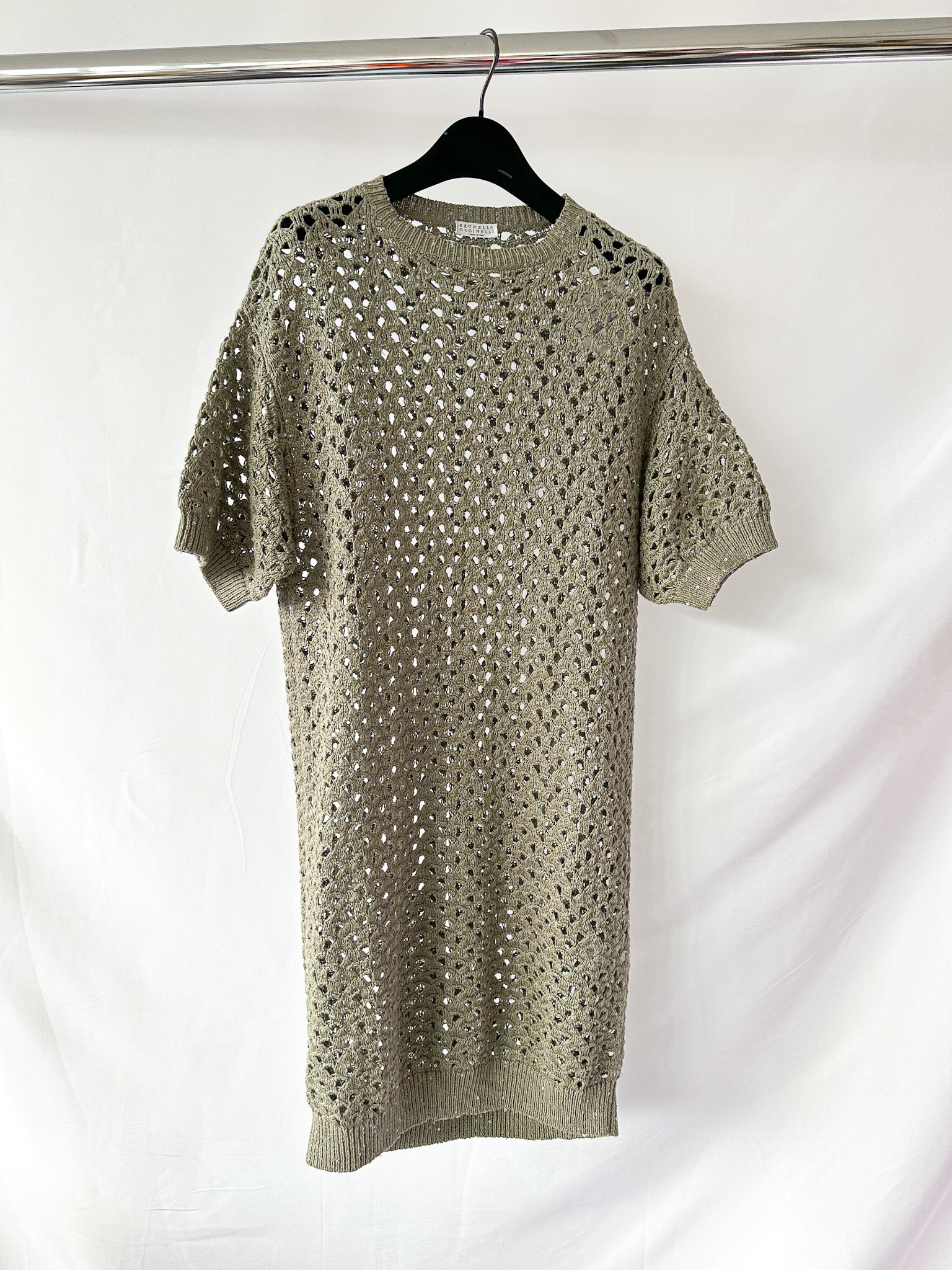 Brunello Cucinelli Green Crochet Open Knit Cotton Linen Silk Blend Dress