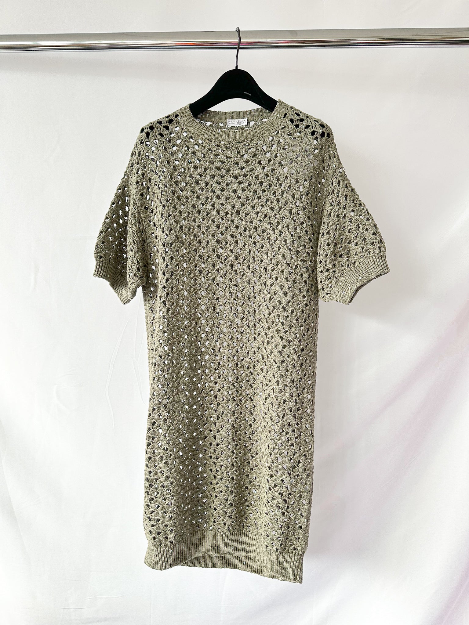 Brunello Cucinelli Green Crochet Open Knit Cotton Linen Silk Blend Dress
