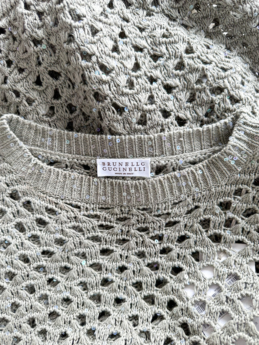 Brunello Cucinelli Green Crochet Open Knit Cotton Linen Silk Blend Dress