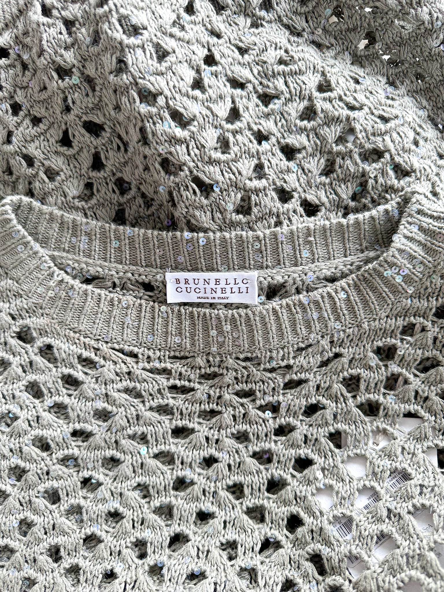 Brunello Cucinelli Green Crochet Open Knit Cotton Linen Silk Blend Dress