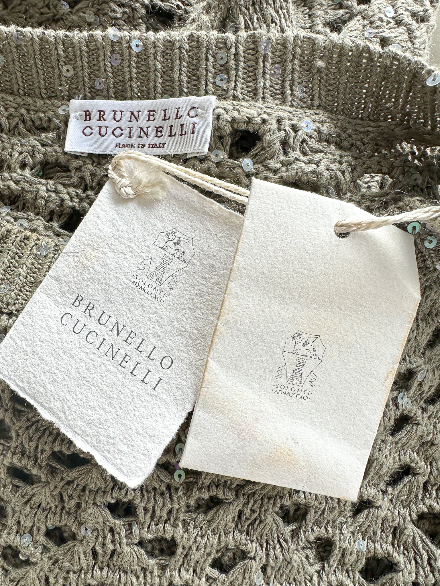 Brunello Cucinelli Green Crochet Open Knit Cotton Linen Silk Blend Dress