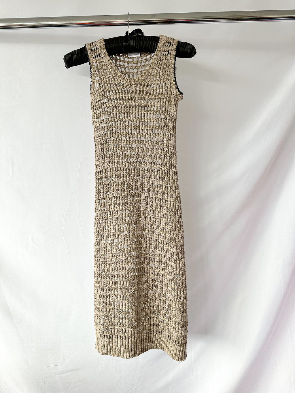 Brunello Cucinelli Beige Crochet Open Knit Linen Silk Blend Sleeveless Midi Dress
