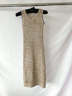 Brunello Cucinelli Beige Crochet Open Knit Linen Silk Blend Sleeveless Midi Dress