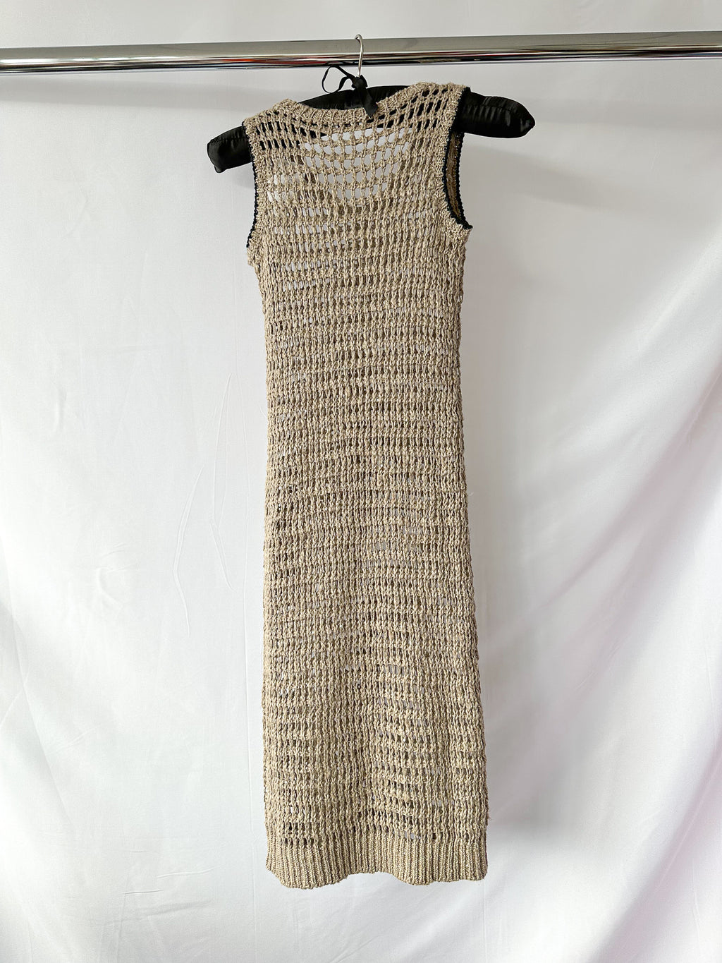 Brunello Cucinelli Beige Crochet Open Knit Linen Silk Blend Sleeveless Midi Dress