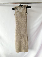 Brunello Cucinelli Beige Crochet Open Knit Linen Silk Blend Sleeveless Midi Dress
