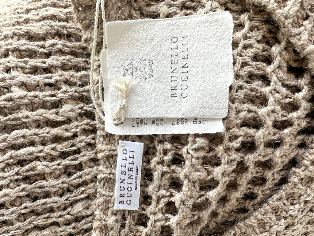 Brunello Cucinelli Beige Crochet Open Knit Linen Silk Blend Sleeveless Midi Dress