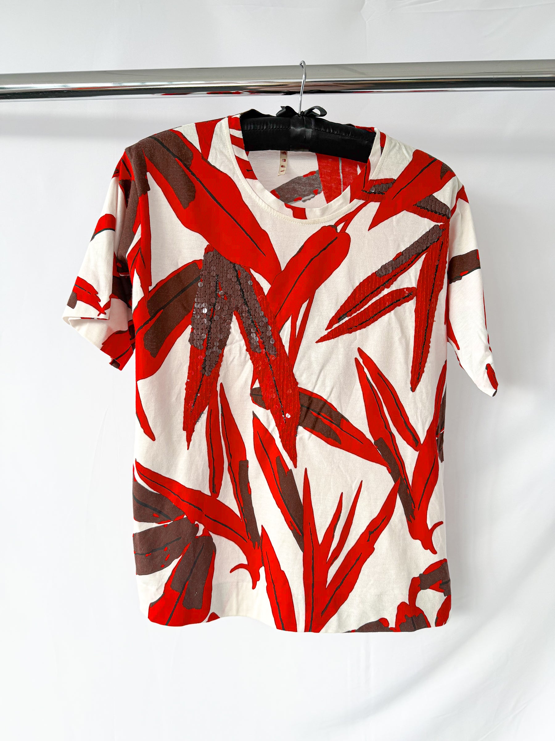 Marni Leaf Print Red White Sequin Detail T-Shirt