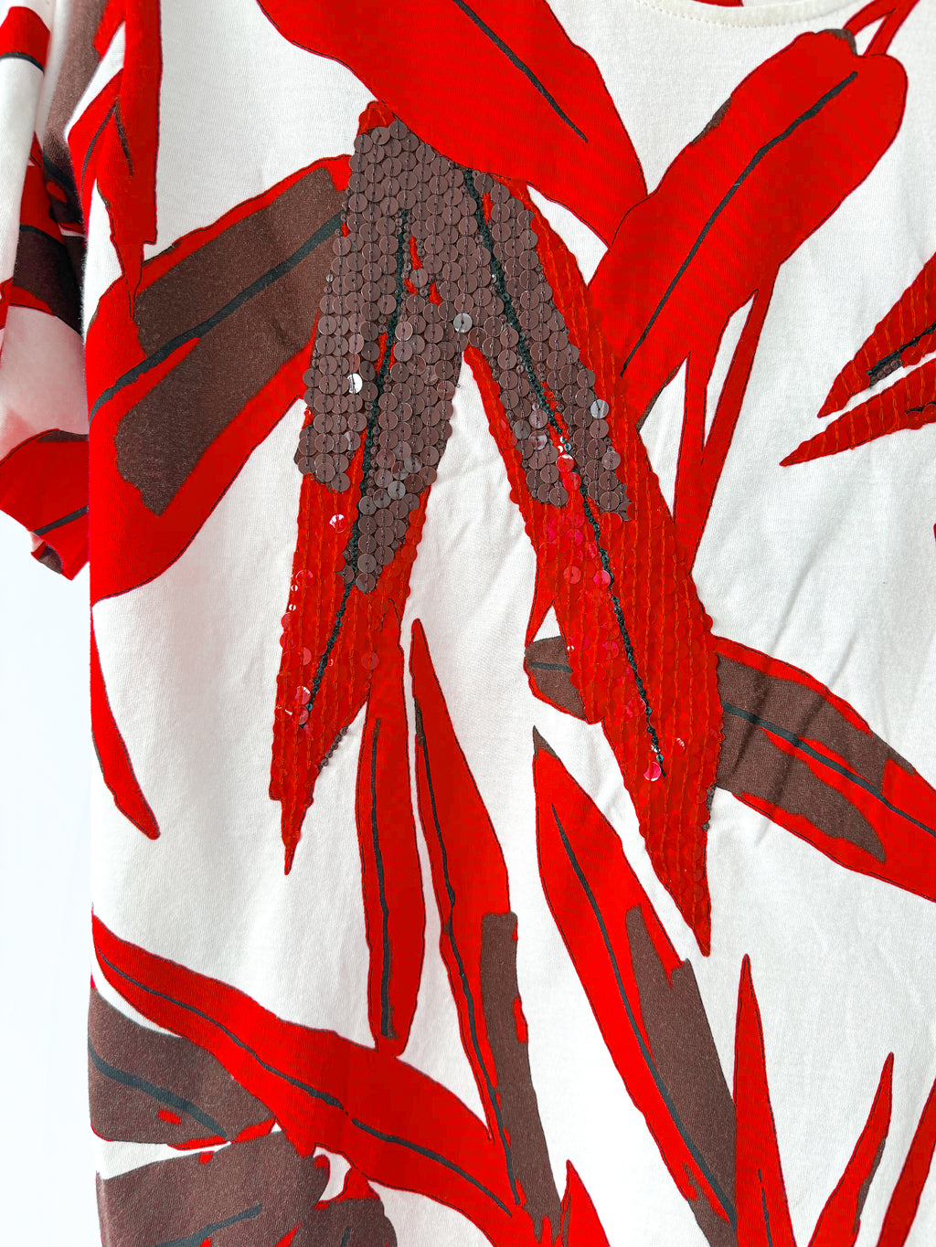 Marni Leaf Print Red White Sequin Detail T-Shirt