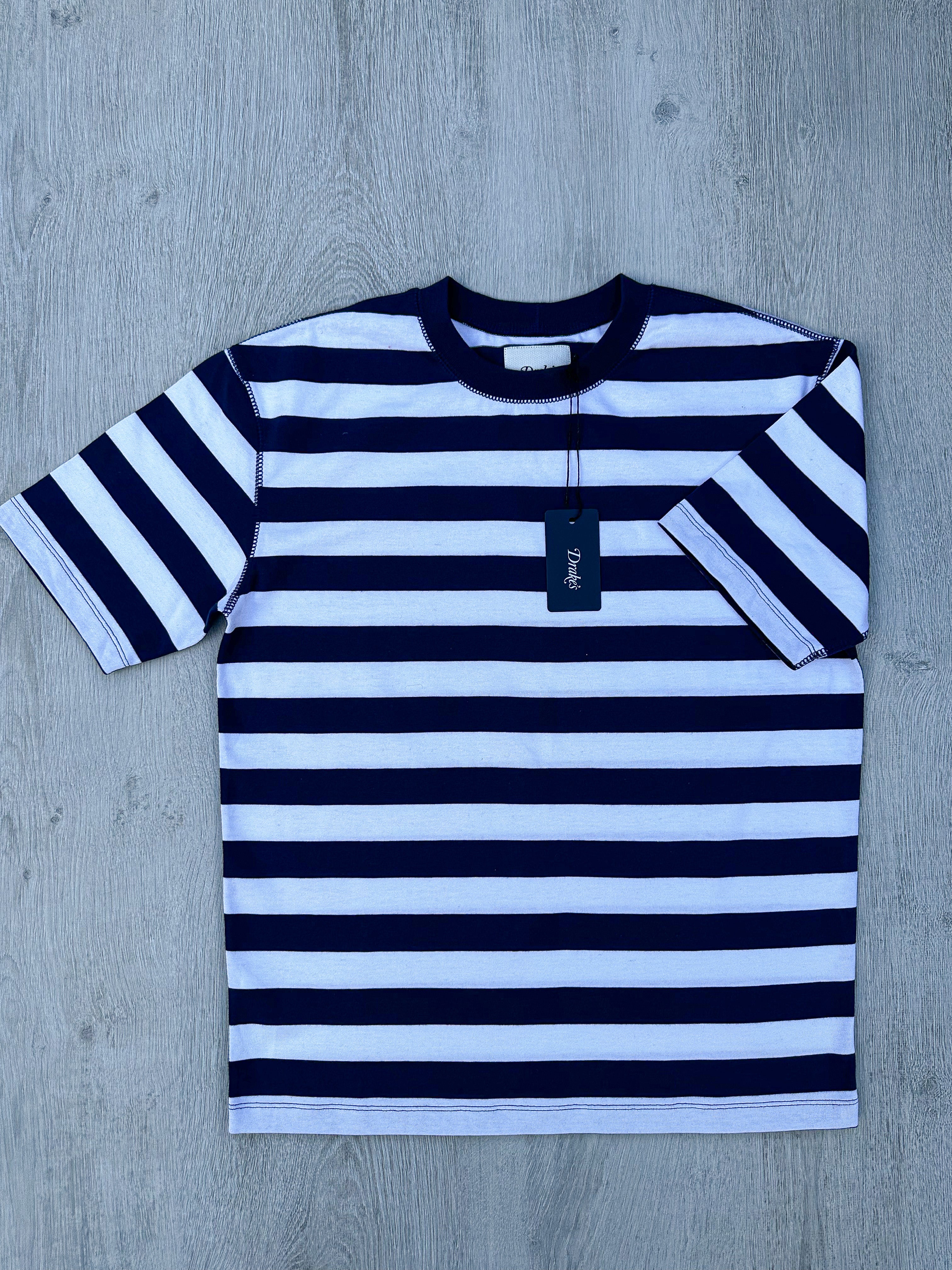 Drake's Navy White Striped Tee Shirt - House Of Huntington