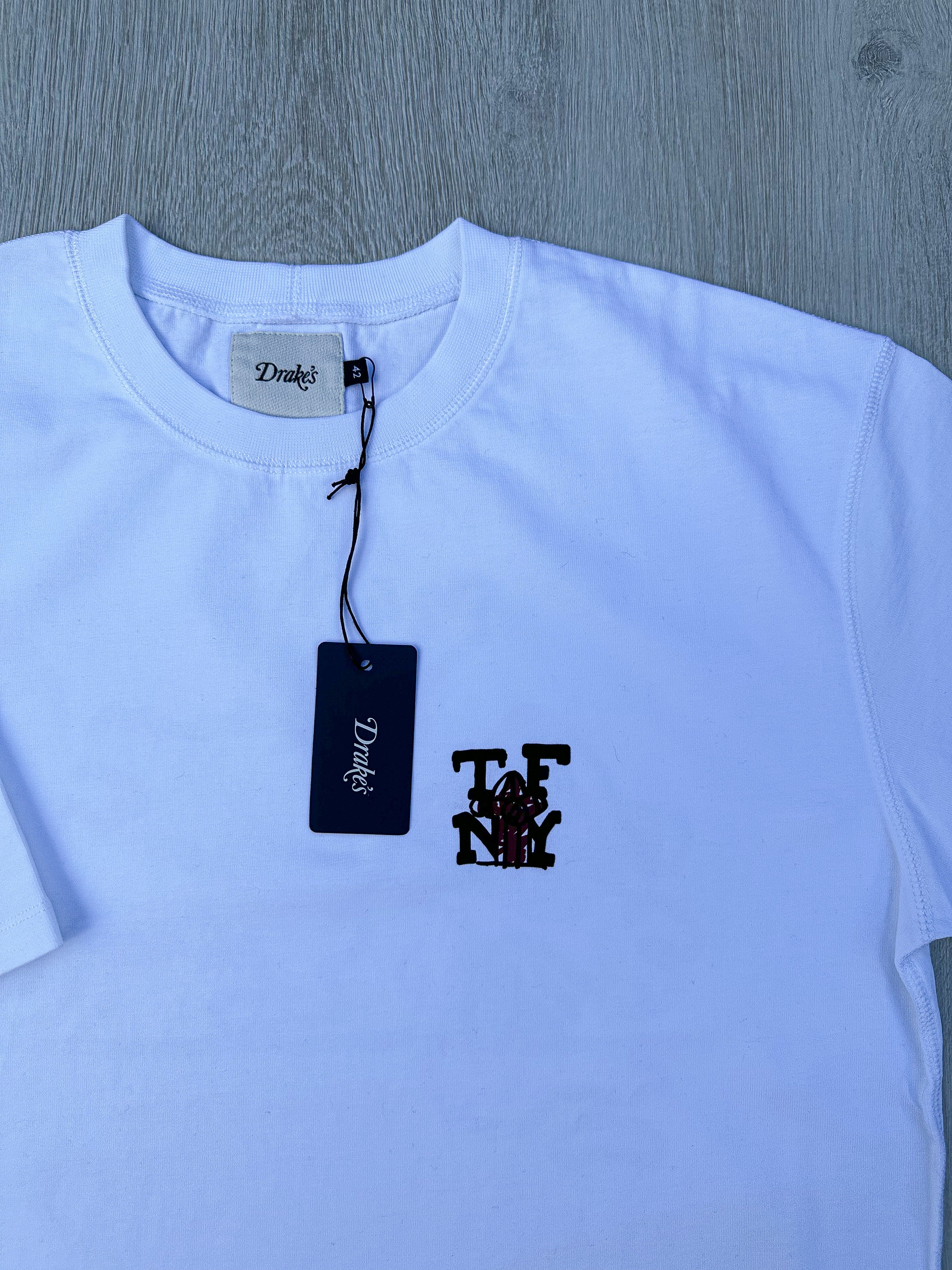 Drake's X Throwing Fits White Print Tee Shirt - House Of Huntington