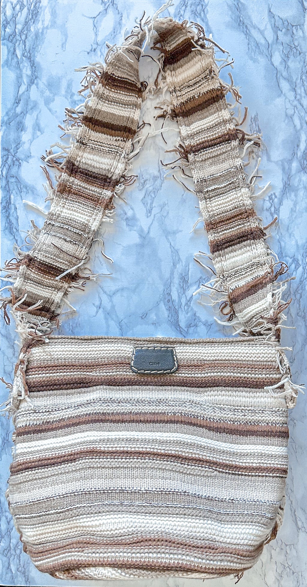 Chloe Jorge Striped Fringed Boho Cashmere Woven Bucket Tote Bag