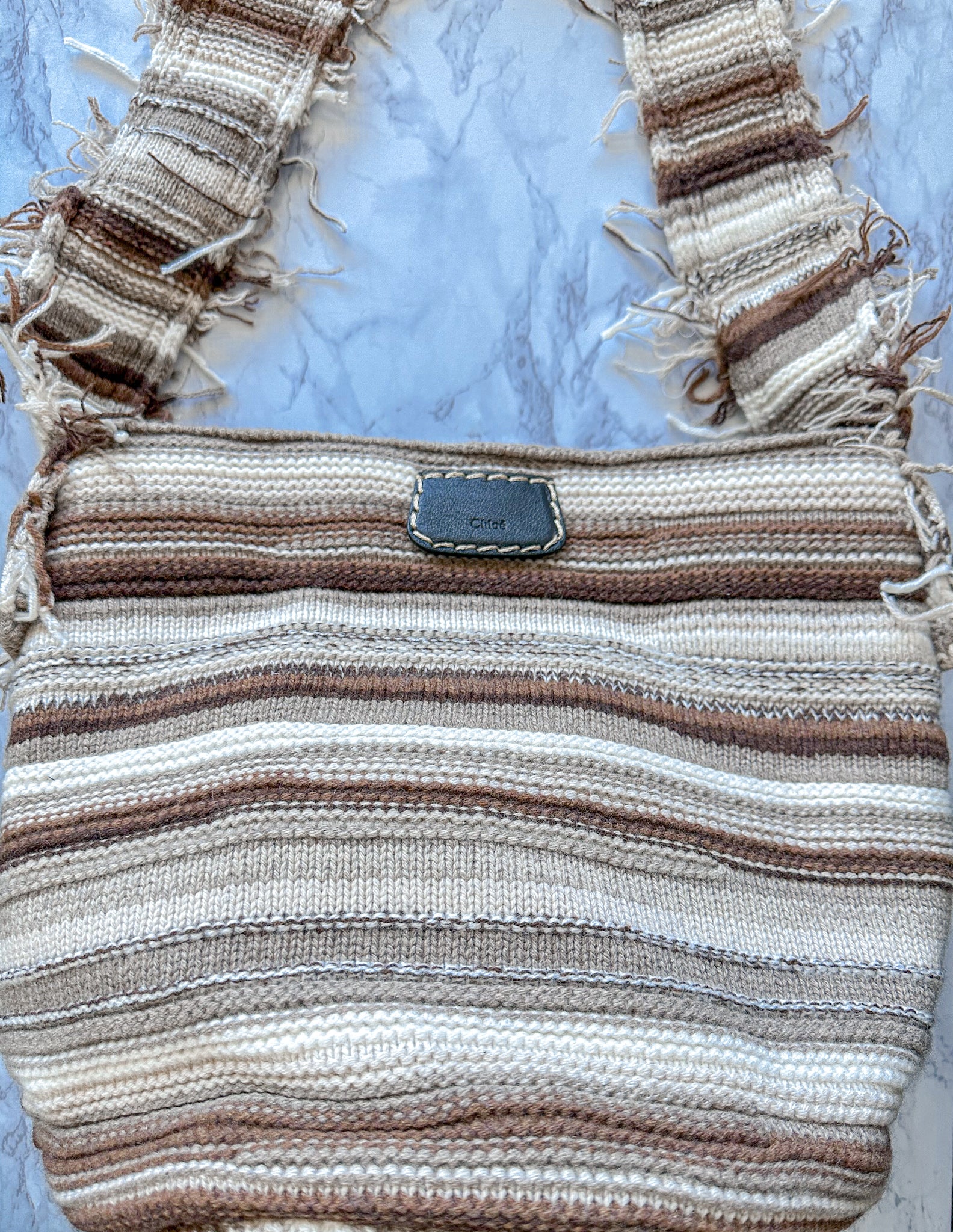 Chloe Jorge Striped Fringed Boho Cashmere Woven Bucket Tote Bag