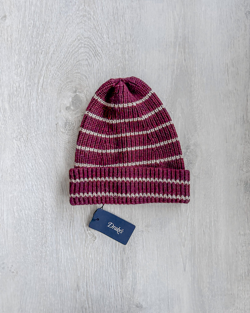 Drake's Burgundy Striped Lambswool Beanie Hat - House Of Huntington