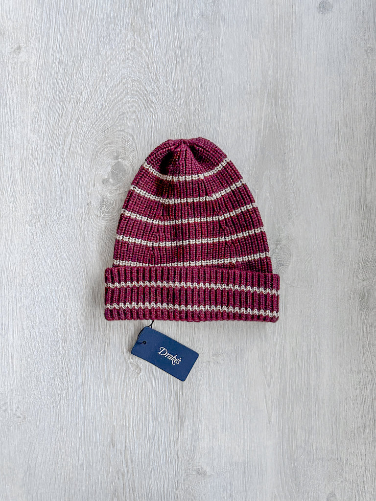 Drake's Burgundy Striped Lambswool Beanie Hat - House Of Huntington