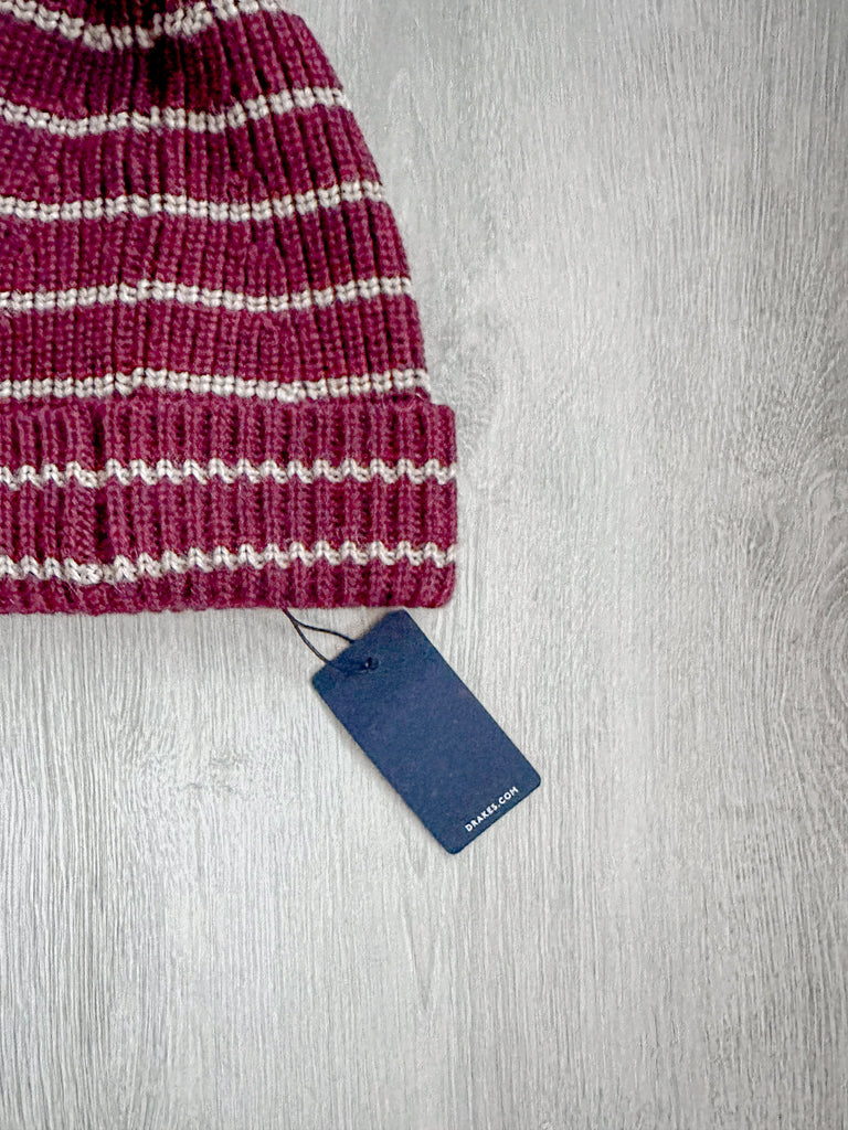 Drake's Burgundy Striped Lambswool Beanie Hat - House Of Huntington