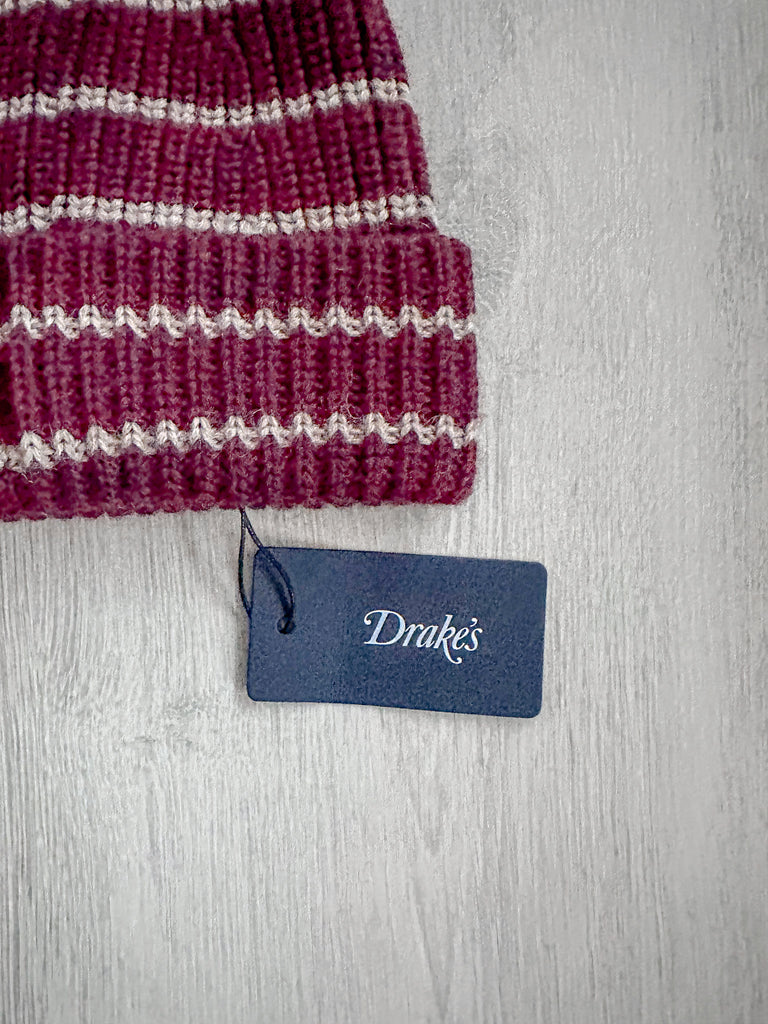 Drake's Burgundy Striped Lambswool Beanie Hat - House Of Huntington