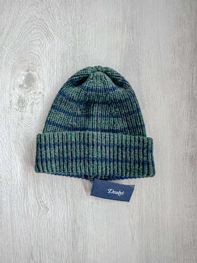 Drake's Dark Green Striped Lambswool Beanie Hat - House Of Huntington