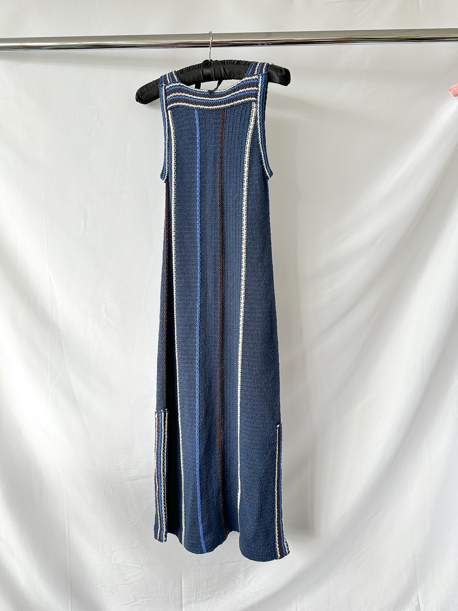 Jil Sander Navy Crochet Knit Stripe Maxi Dress