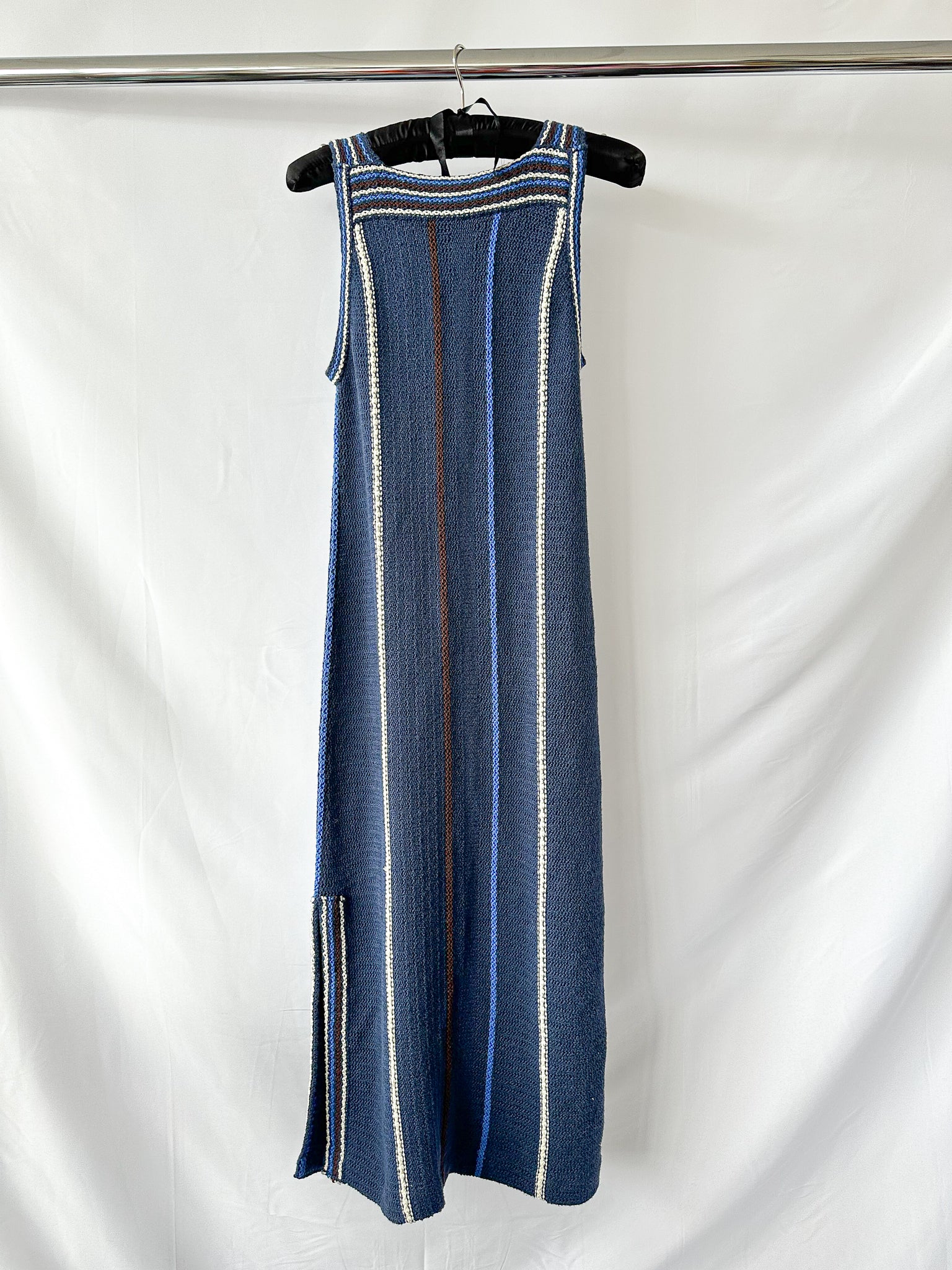 Jil Sander Navy Crochet Knit Stripe Maxi Dress