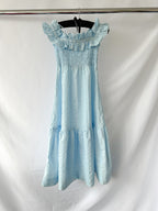 Ganni Blue Ruffle Detail Smock Off Shoulder Maxi Dress