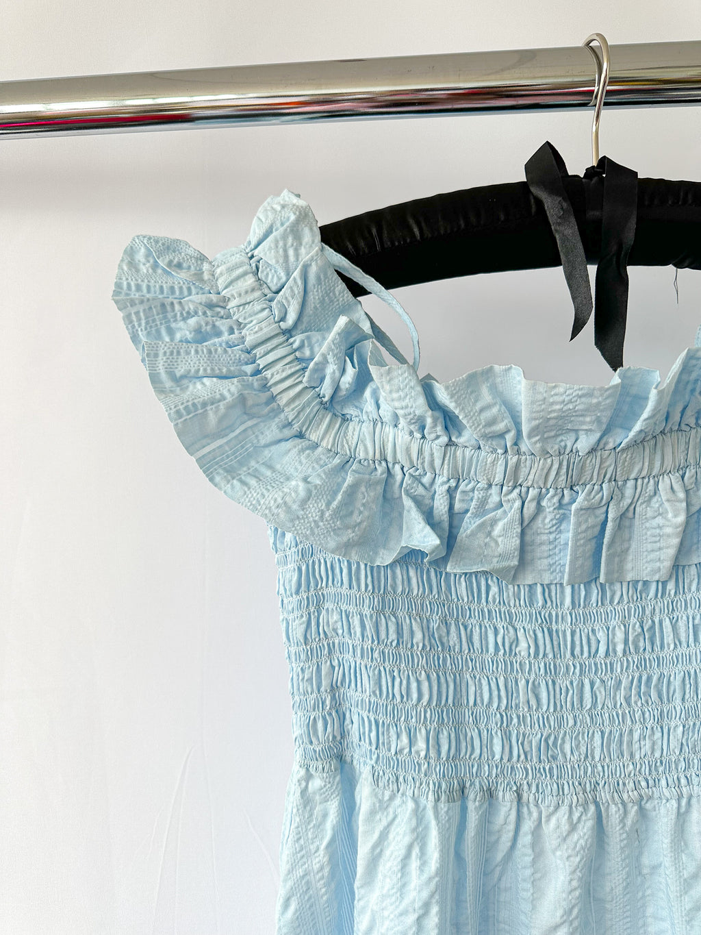 Ganni Blue Ruffle Detail Smock Off Shoulder Maxi Dress