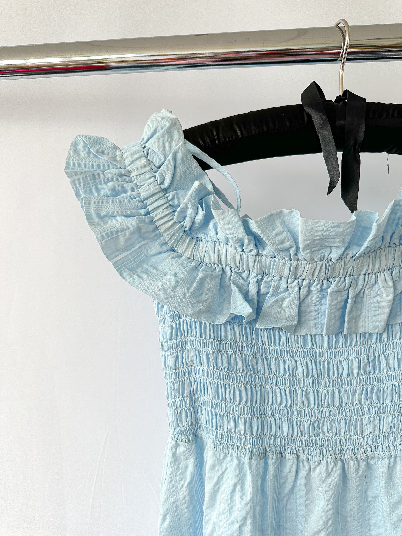 Ganni Blue Ruffle Detail Smock Off Shoulder Maxi Dress