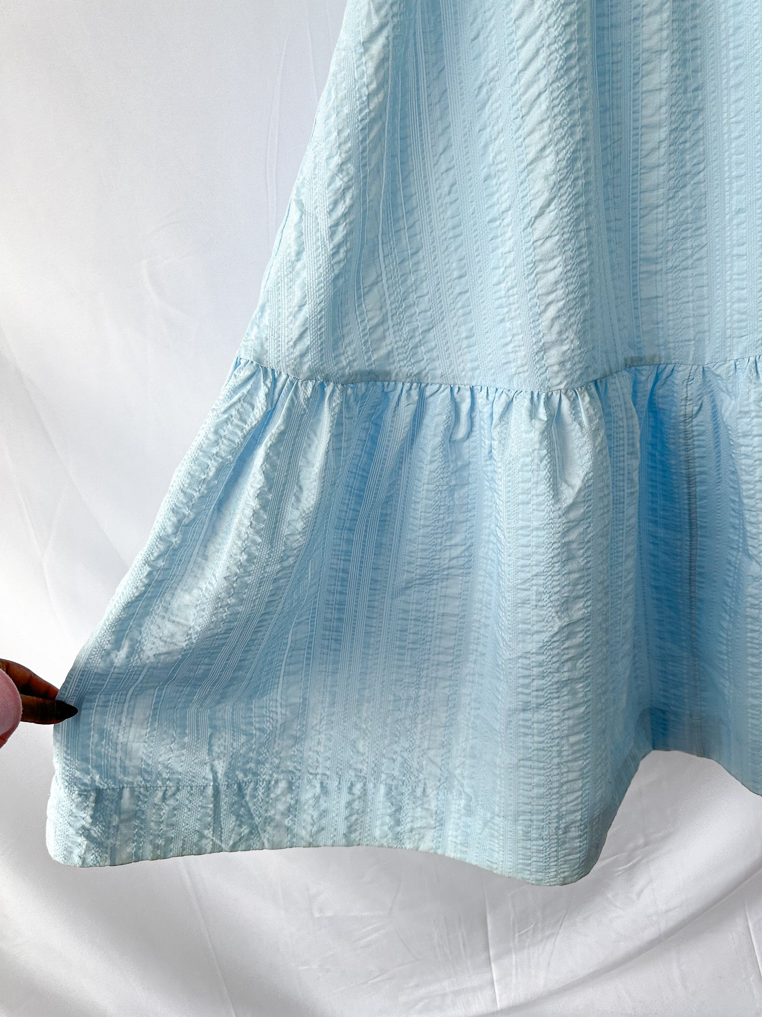 Ganni Blue Ruffle Detail Smock Off Shoulder Maxi Dress