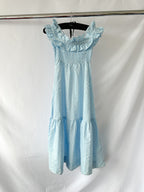 Ganni Blue Ruffle Detail Smock Off Shoulder Maxi Dress