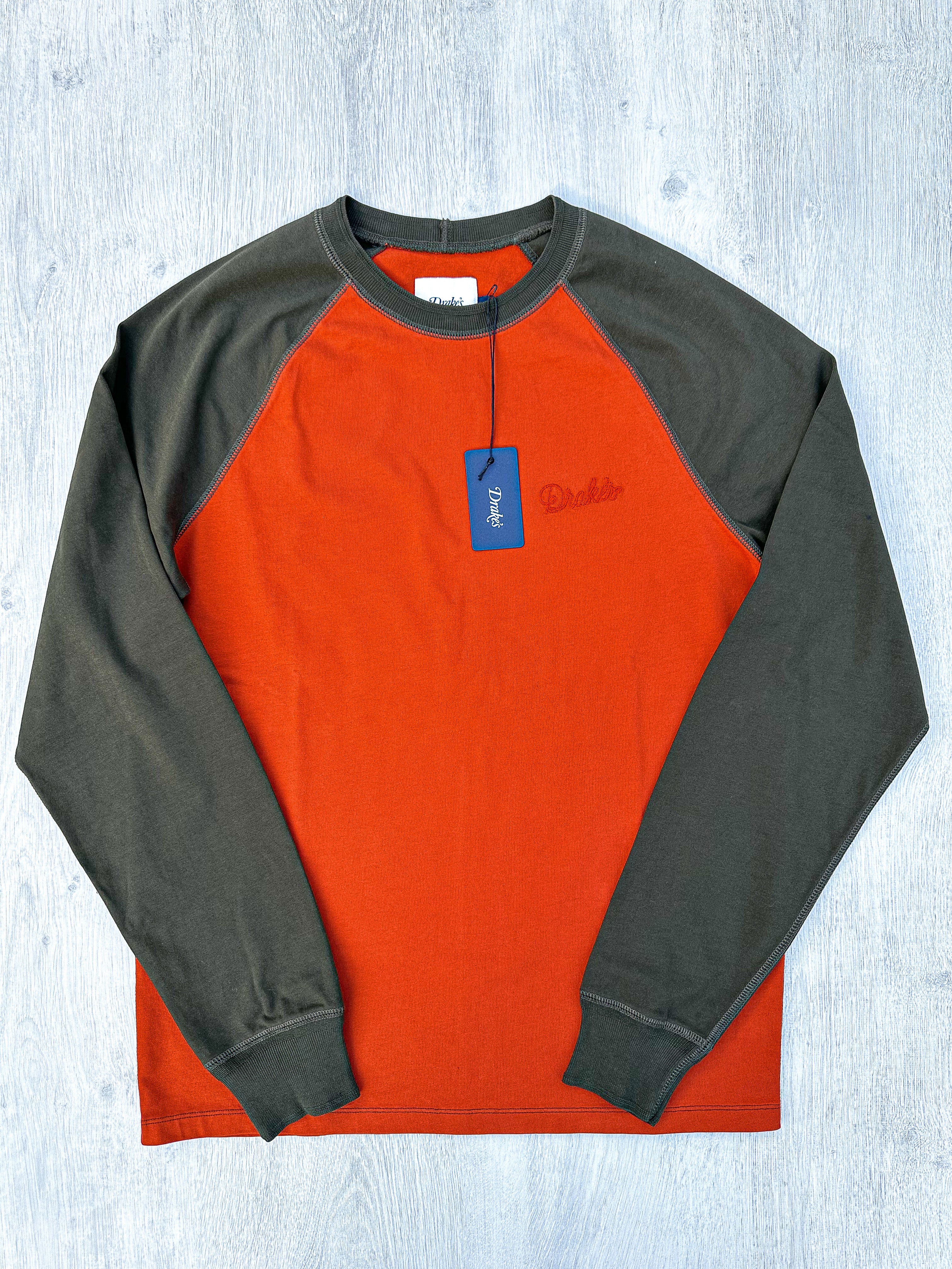 Drake's Rust & Green Long Sleeve Hiking Tee With Chain Stitch Logo - House Of Huntington