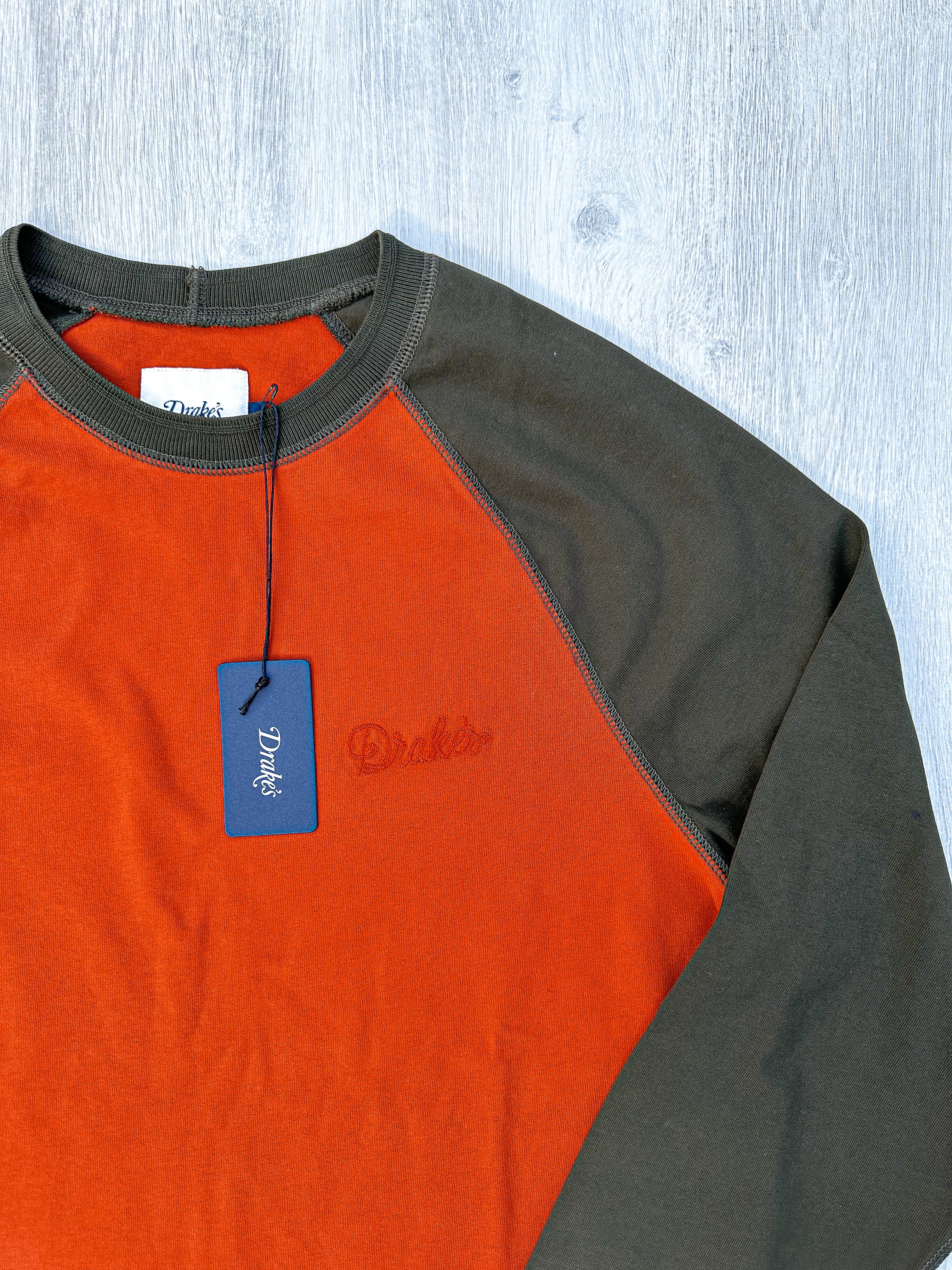 Drake's Rust & Green Long Sleeve Hiking Tee With Chain Stitch Logo - House Of Huntington