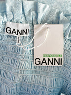 Ganni Blue Ruffle Detail Smock Off Shoulder Maxi Dress