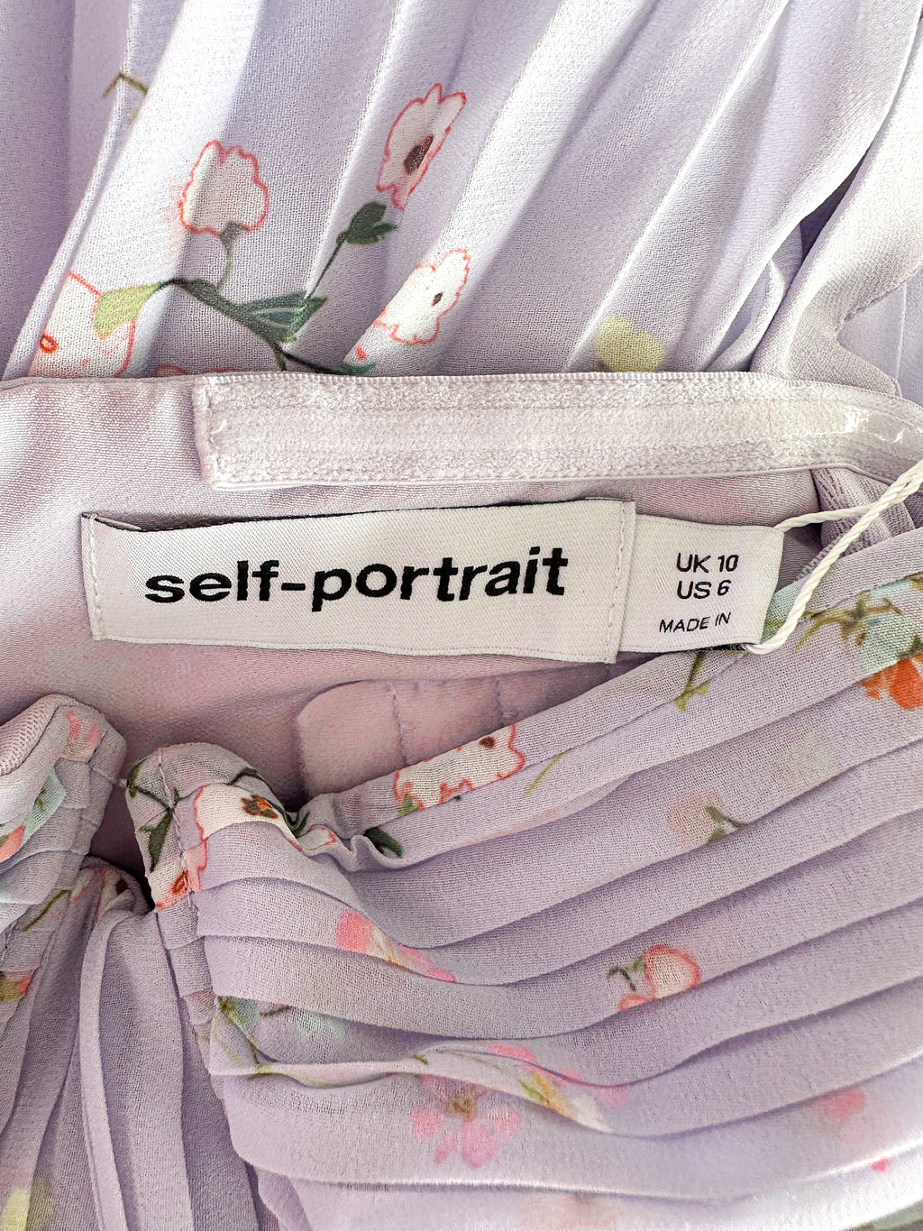 Self-Portrait Lilac Floral Print Pleated Sweetheart Neck Chiffon Midi Dress