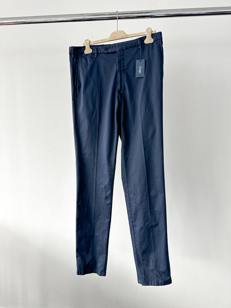 Drake's Navy Blue Trousers with Cotton Herringbone Weave - House Of Huntington