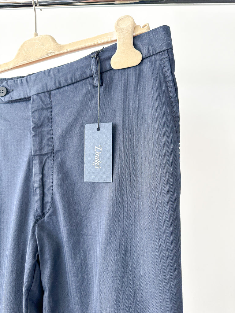 Drake's Navy Blue Trousers with Cotton Herringbone Weave - House Of Huntington