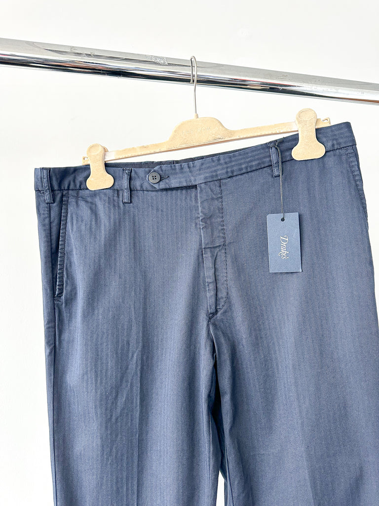 Drake's Navy Blue Trousers with Cotton Herringbone Weave - House Of Huntington