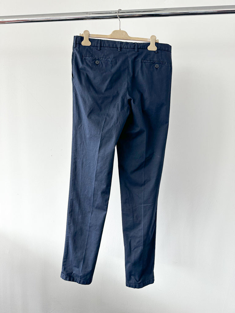 Drake's Navy Blue Trousers with Cotton Herringbone Weave - House Of Huntington