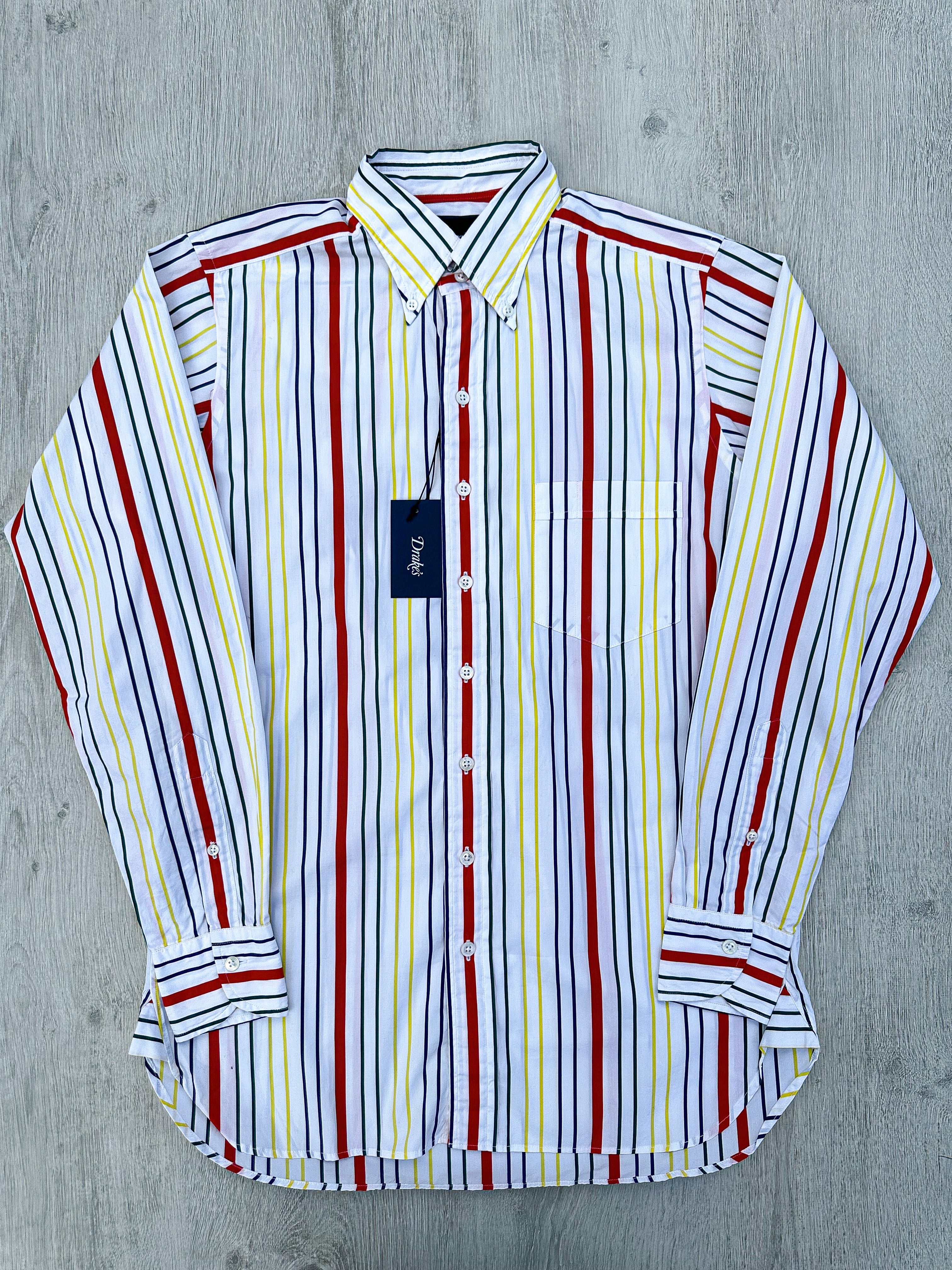 Drake's White Red Yellow Green Striped Formal Shirt - House Of Huntington