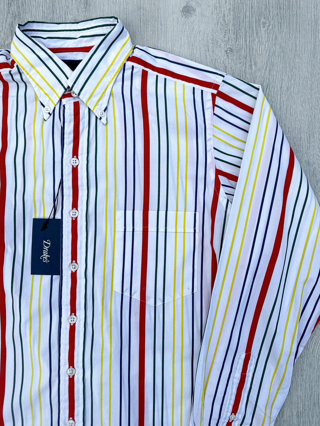 Drake's White Red Yellow Green Striped Formal Shirt - House Of Huntington