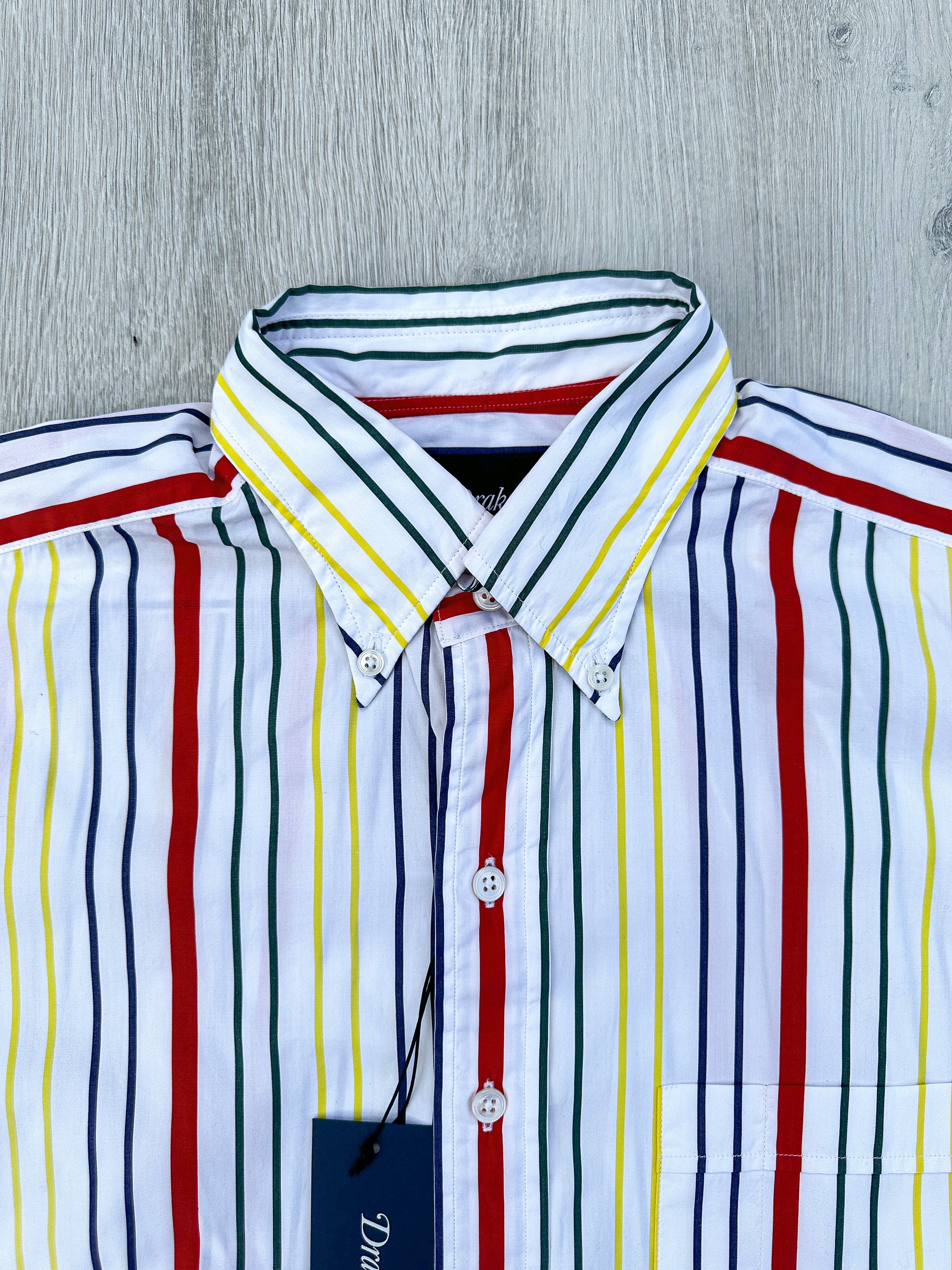 Drake's White Red Yellow Green Striped Formal Shirt - House Of Huntington