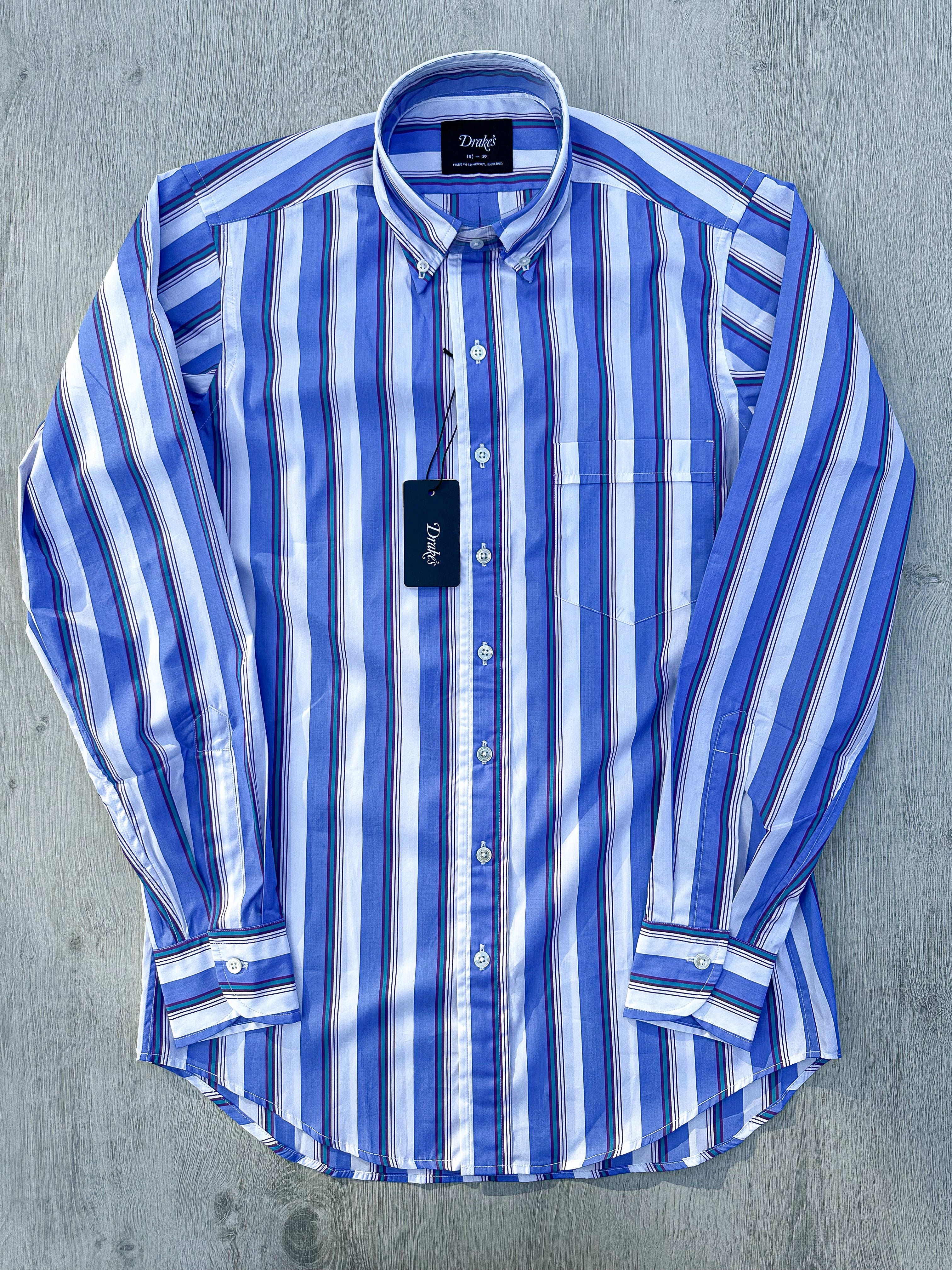 Drake's Blue White Purple Striped Formal Shirt - House Of Huntington